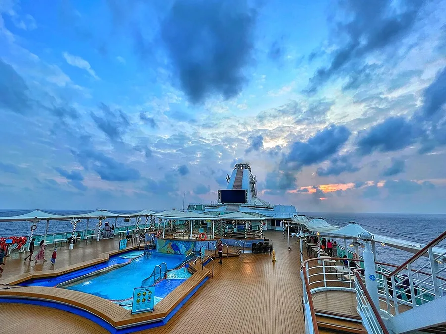 Cruise ship pool deck at sunrise